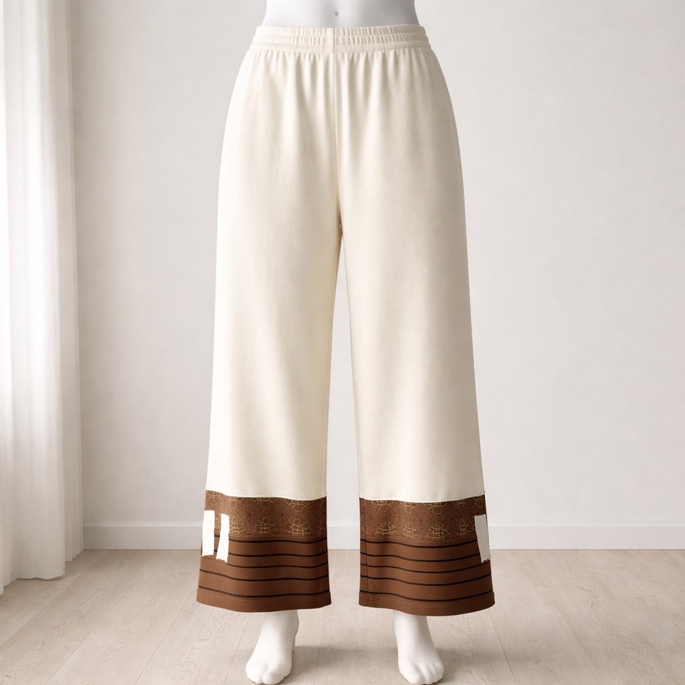 r.Browning 100% Prima Cotton Cream and Brown Wide-Leg Pants Geometric size Small